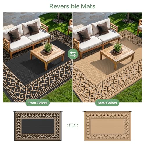 GENIMO Outdoor Rug 5'x8' Waterproof for Patio, Reversible Outdoor Plastic Straw Rug Carpet, Camping Mats for Outdoor Decor, RV, Backyard, Deck, Balcony, Picnic, Black & Brown - color: Black & Brown | Natural, size: 5' x 8' (Rectangular)