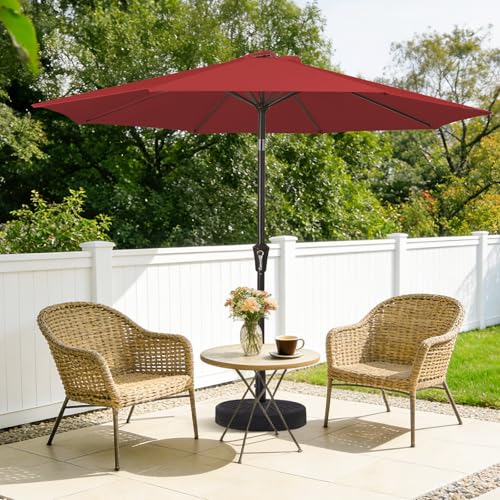 MEWAY 9ft Patio Umbrella Outdoor Table Umbrellas with Push Button Tilt and Crank, Market Umbrella 8 Sturdy Ribs for Deck, Garden, Pool and Backyard, Red - color: Red, size: 9ft