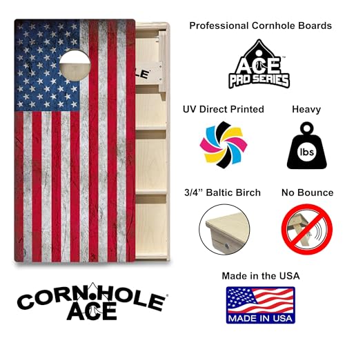 CornholeAce ACE PRO American Flag Cornhole Board Set - No Bounce! Triple Wide Legs, 3/4" Baltic Birch Plywood, Handles, Regulation Size (4x2ft), Tournament Style, Made in USA - color: USA Flag
