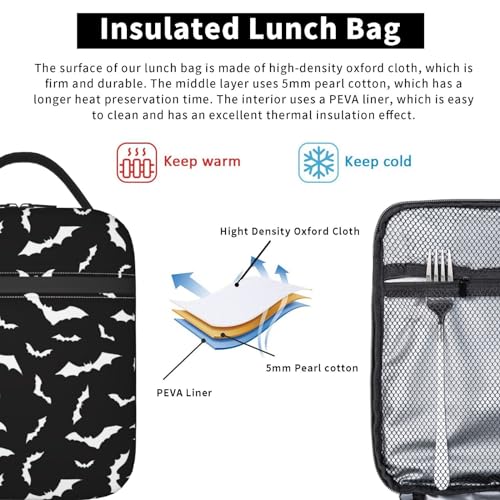 Halloween Cool Black Bat Goth Insulated Lunch Bag Portable Reusable Zipper Lunch Box For Men Women Work Picnic Travel Camping - color: Black15