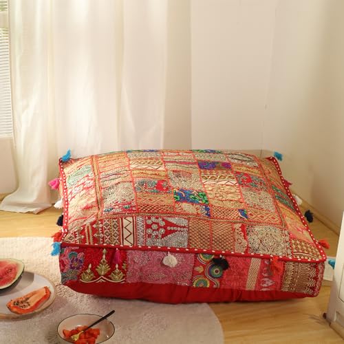 THE ART BOX Cotton Patchwork Vintage Boho Embroidered Floor Pillows & Cushion Cover Dog Pouf Seating Pouf Meditation Pillow Pet Bedding Cat Bed Boho Home Décor (35x35 Inches, Cover Only) - color: Red