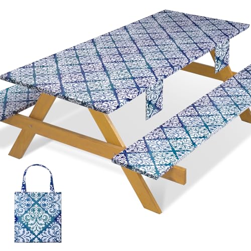 Fitted Waterproof Picnic Table Cover with Bench Covers Elastic Reusable Camping Table Cloths for 6Ft Rectangle Tables Summer Camp Motorhome Party Gear Outdoors Car Travel Trailer Gadgets Gift - color: Blue Flowers, size: 72" x 30" (Rectangular)