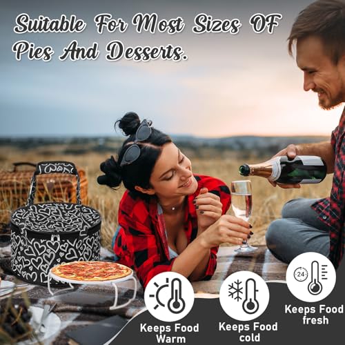 Pickmesh Round Pie Carrier 12 x 7 Inch Insulated Casserole Carriers with Lid and Detachable Handle for Hot or Cold Food Cake Transport Thanksgiving Christmas Gift(Black Champagne Heart) - color: Black Champagne Heart