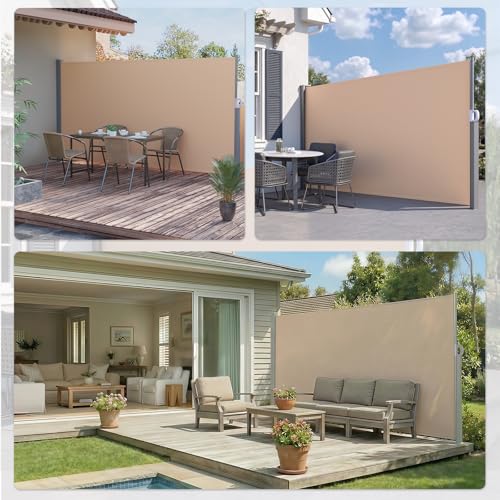 U-MAX Retractable Side Awning, 118"x 71" Outdoor Side Awning, Folding Privacy Screen, 180g/㎡ Premium Polyester Fabric Room Divider for Patio, Garden and Terrace, Beige - color: Beige, size: 118"x 71"