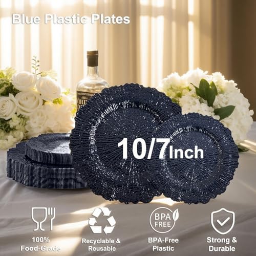 DaYammi 60Pcs Blue Plastic Plates - Dark Blue Pates Disposable - Heavy Duty Plastic Plates for Party Including 30 Dinner Plate, 30 Dessert Plate,blue Disposable plates for Party Wedding Dinner - color: Dark Blue