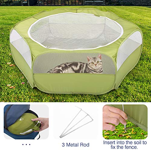 Pawaboo Small Animals Playpen, Waterproof Small Pet Cage Tent with Zippered Cover, Portable Outdoor Yard Fence with 3 Metal Rod for Chick/Kitten/Puppy/Guinea Pig/Rabbits/Hamster/Chinchillas,Green - color: A-Green