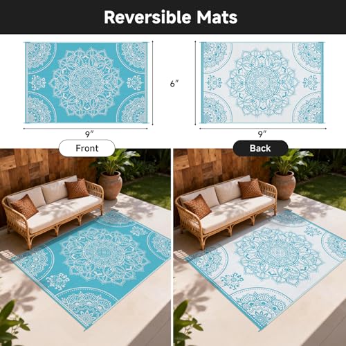Pauwer Waterproof Outdoor Rug 6x9, Reversible Plastic Straw Patio Camping Rug, Indoor Outdoor RV Mat Carpet for Deck, Camper, Porch, Balcony, Backyard, Picnic, Floral Teal - color: Floral Teal, size: 6' x 9' (Rectangular)