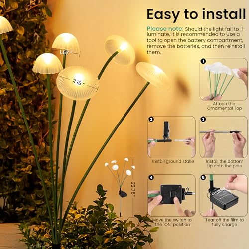 Solar Garden Lights, 2pack Solar Fairy Lights for Outside, Swaying Mushroom Lights Outdoor Decorative, Waterproof Light Decor for Yard,Lawn,Patio,Pathway Decoration(Warm White) - size: 2 Pack
