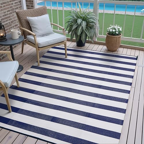 PureCozy Outdoor Waterproof Patio Rug 6x9 Plastic Straw Reversible Lightweight Outside Navy Blue Striped Large Carpet Outdoor for Camping RV Porch Deck Balcony Beach - color: Stripe | Navy Blue, size: 6' x 9' (Rectangular)