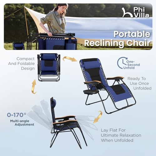 PHI VILLA XXL Oversized Padded Zero Gravity Chair Set of 2, Foldable Patio Recliner, 30" Wide Seat Anti Gravity Lounger with Armrest and Cup Holder, Support 400 LBS (Navy Blue) - color: Navy Blue, style: 2 Pcs