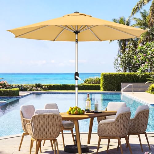 9FT Aluminum Outdoor Patio Umbrella, Fade-Resistant Market Umbrella with Push Button Tilt Function, 8 Sturdy All-Aluminum Ribs for Gardens, Patios, Backyards & Pools - color: Beige, size: 9FT-1Tier (Aluminum Umbrella)