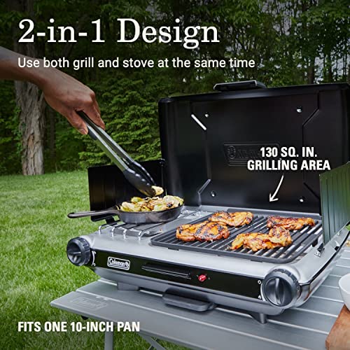 Coleman Tabletop 2-in-1 Grill & Stove with 2 Adjustable Burners, Propane Grill/Stove with Push-Button Starter, Wind Guards, Grease Tray, & 20,000 BTUs of Power for Camping, Tailgating, & More - color: Black, style: Contains PFAS