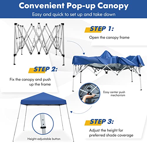 Tangkula 10x10 Ft Pop Up Canopy, Slanted Leg Outdoor Canopy Tent with Center Lock, UPF50+ Sun Protection, 4 Stakes, 8 Ropes, Carrying Bag, 1 Person Setup Instant Tent Shelter for Camp, Beach, Patio - color: Blue