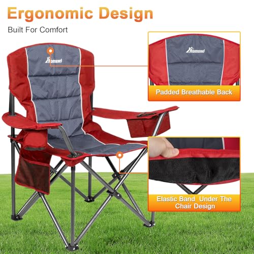 Romswi Oversized Camping Chairs,Heavy Duty Support 500 LBS,Padded Back & Arm Sport Chairs, Cup Holder Cooler Bag, Collapsible Folding Chairs for Outdoor, Fishing & Garden, Red,2-Pack - color: Red