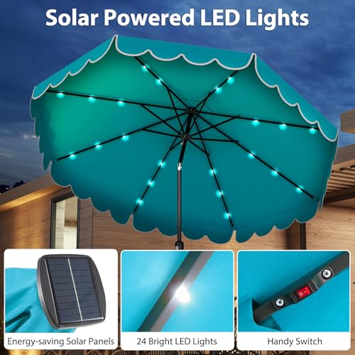 Tangkula 10FT Solar LED Patio Umbrella, 2-Tiers Scalloped Outdoor Table Market Umbrella with 24 LED Lights, Vented Top, Tilt Adjustment, Crank, 8 Ribs for Backyard Poolside Deck Beach Lawn (Turquoise) - color: Turquoise, size: 10Ft