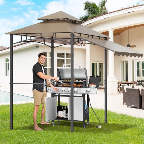 TITIMO 8'x 8' x 7.8' Double Tiered Grill Gazebo with Side Awning,Outdoor Patio BBQ Pergola, Heavy-Duty Metal Frame Canopy Tent with Side Shelves,Hooks,Bottle Opener for Lawn Deck and Garden (Khaki) - color: khaki