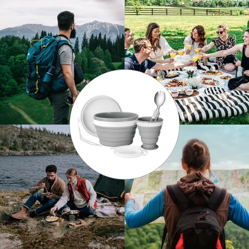 Odoland Camping Collapsible Silicone Cup and Bowl Set, Portable Mess Kit with Stainless Steel Spork and Lid for 1 Person Backpacking, Family Cookware, Hiking, Picnic, Travel