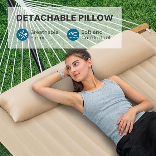 SUPERJARE Hammock with Stand, 2 Person Quilted Outdoor Hammock, Detachable Pillow & Bamboo Spreaders, Portable Hammock with Carrying Bag, Heavy Duty Stand, Perfect for Outside, Patio, Beige - color: Beige, size: 55.1"W × 74.8''D × 43.3''H