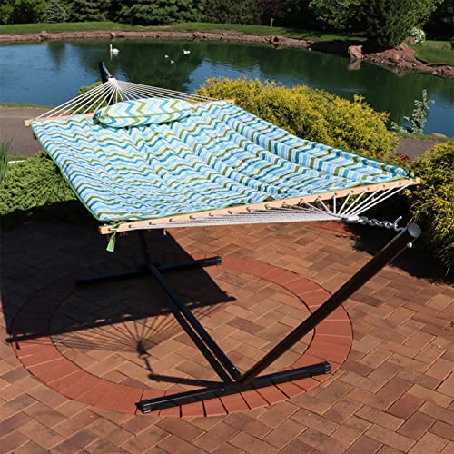 Sunnydaze Rope Hammock with Stand for Outside - Heavy Duty Freestanding Portable Outdoor Hammock Set with Quilted Pad, Pillow, and 12-Foot Steel Frame - 275 lb Capacity - Blue & Green Chevron - color: Blue & Green Chevron