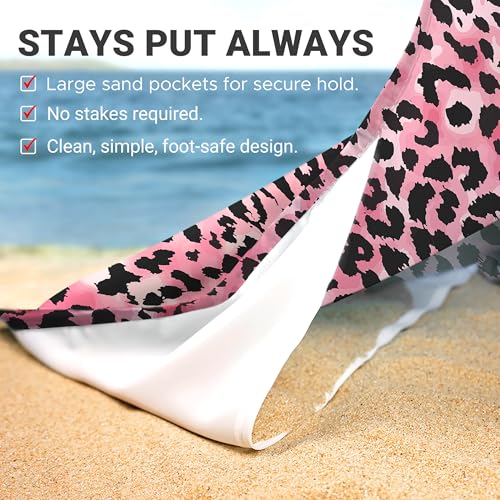 Sunlit Large Cheetah Beach Blanket Waterproof Sand Proof, 81" x106" Sand Free Beach Mat with Corner Pockets and Storage Bag, for Travel Beach Camping Outdoor Festival, Black Pink Leopard - color: Black Pink