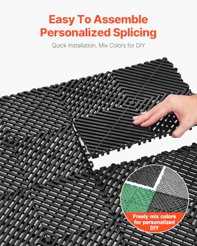 VEVOR Interlocking Drainage Mat, 12” x 12” Modular Interlocking Cushion, 24 Pcs Splicing Drainage Mats, Non-Slip PP Drainage Floor Tile and Shower Mat, for Garage, Garden, Kitchen & Outdoor, Black - color: Black, size: 12 x 12 inch