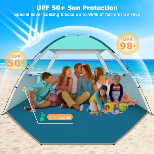 COMMOUDS Beach Tent Sun Shade for 3/4/6/8 Person, UPF 50+ Beach Sun Shelter Canopy Tent, Lightweight, Easy Set Up and Carry - color: Turquoise, size: 6 Person