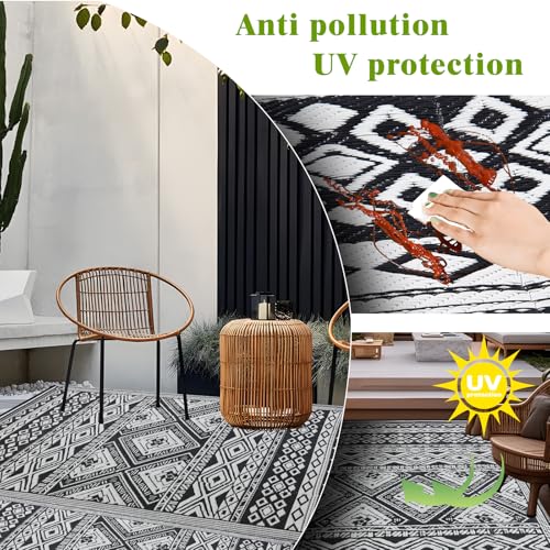YONILE Outdoor Rug 8x10 ft Waterproof, Reversible Outdoor Plastic Straw Rug for Patios Clearance, Outdoor Area Rug Carpet RV Mat for Camping Backyard Deck Porch - color: Black&white- Geometric, size: 8x10ft