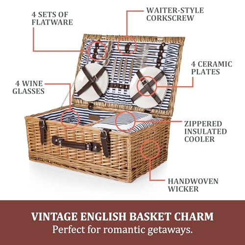 Picnic TME Belmont Picnic Basket for 4, Insulated Wicker Basket Set with Porcelain Plates, Stainless Steel Flatware, Wine Glasses, Cooler, Leatherette Straps, Gift (Navy Blue & White Stripe)