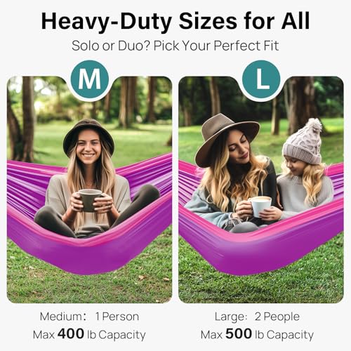 Kootek Camping Hammock, Portable Hammocks with Tree Straps & Attached Carry Bag, Camping Essentials Gear, Perfect for Outside Indoor Hiking Beach Backpack Travel - color: Bright Violet & Pink, size: Large