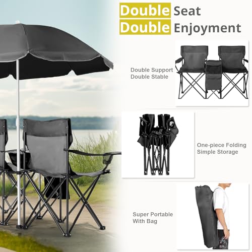 Double Camping Chair with Canopy Shade,Portable Outdoor 2-Seat Beach Chairs for Adults,Folding Lawn Chairs with Sunshade & Table Holder & Carry Bag,Support 360 LBS,for Sports Lawn Patio Outside Black - color: Black