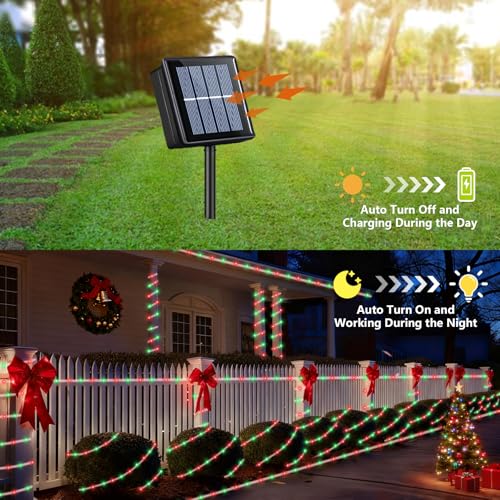 YEGUO Solar Rope Lights Outdoor Waterproof, 66ft 200 LED Red and Green String Lights, 8 Modes Fairy Lights in Clear Thin Tube - color: Red and Green