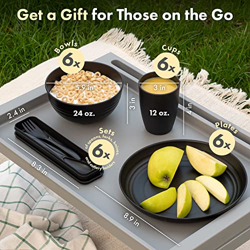 FOODLE Wheat Straw Dinnerware Set - BPA Free - Unbreakable, Microwave & Dishwasher Safe- Alternative to Plastic Dishes - Perfect for Outdoor, RV, Dorm - Camping Plates Cups and Bowls Set - For 6 - color: Black