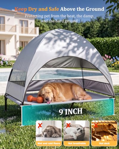 Elevated Outdoor Dog Bed with Canopy, Raised Dog Cot with Stable Adjustable Feet, Dog Camping Bed with Larger Shade, Lifted Dog Tent Bed with Canopy for Outside - color: Grey, size: X-Large