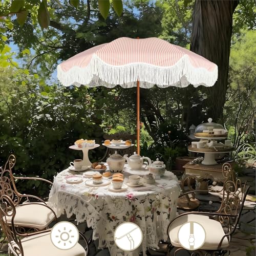 AMMSUN Boho Fringe Umbrella Outdoor Patio, 6.5ft UPF50+ Picnic Umbrella with Tassels with Steel Pole and Push Button Tilt, Pink Stripe - color: Pink Stripe