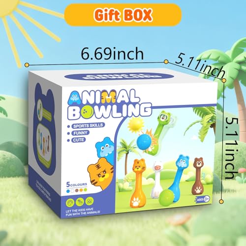 Mini Toddler Bowling Set Ages 1-5, Cute Animal Pins for First Birthday, Lightweight Indoor Montessori-Inspired Game with 10 Plastic Pins & 2 Balls, Boys Girls Toddler Gift