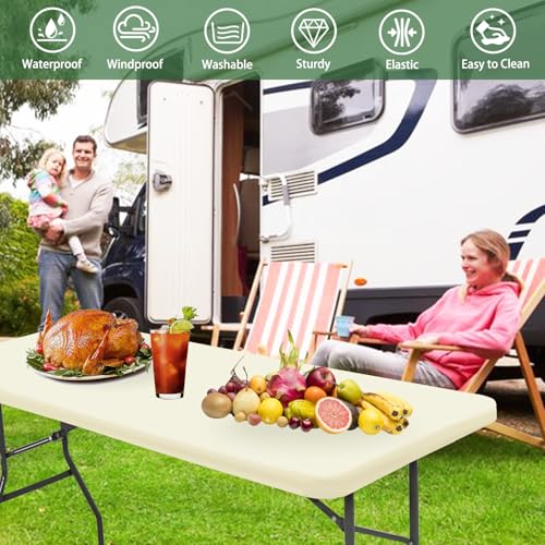 6 Pack Table Cover Fitted Picnic Elastic Tablecloth for 6 Foot Rectangle Tables Waterproof Stretch Washable Folding Indoor and Outdoor Spandex Table Cloth for Parties Banquet Camping (Beige,30" x 72") - color: Beige, size: 30"x72" (Pack of 6)