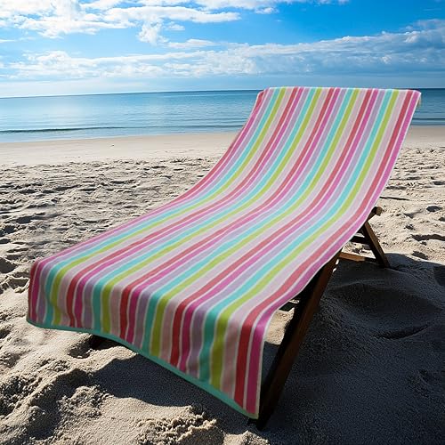 COTTON CRAFT Oversized Beach Towel - 2 Pack XL 39 x 68 inches Big & Huge Beach Blanket Towel - 100% Cotton Dobby Terry Velour Stripe - Super Soft Luxury - Pool Picnic Bath - Pink Multi - color: Cabana Stripe - Pink Multi, size: 2 Pack - 39x68