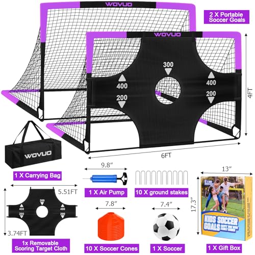 Kids Soccer Goals for Backyard Set of 2, 6x4 ft Portable Toddler Soccer Goal Training Equipment with Soccer Target, Ball, Cones, Soccer Net for Kids Age 3-5 6-8 8-12 10-12-14 Outdoor Sports Games Gift - color: Black Purple