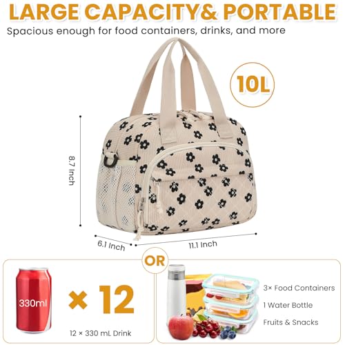 ELONGRIVER Corduroy Insulated Lunch Bag for Women Teen Girls, Portable Adult Lunch Box, Reusable Tote Cooler Bags, Lightweight Womens Lunch Bags with Front Pockets for Work School Picnic Travel,Floral - color: Floral