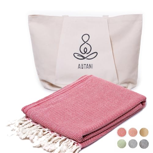 ATANI 69x35 in Oversized Turkish Beach Towel Set with Tote Bag – Quick-Dry 100% Turkish Cotton Peshtemal, Sand-Resistant, Lightweight for Shower, Travel, Pool, Yoga (Red) - color: Red + Bag, size: 35 inc x 69 inc