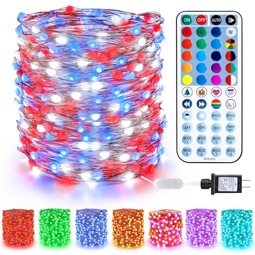 BrizLabs July 4th Fairy Lights, 66ft 200 LED Color Changing Fairy Lights with Remote, Plugin Red White Blue Twinkle Light RGB Rainbow Starry Xmas Light Music Sync for Xmas Halloween Home Party Wedding - color: 200 LED Adapter