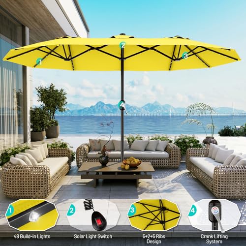 AreShark 13 FT Patio Umbrella with Solar Lights, Double-Sided Outdoor Table Umbrellas with Crank, Large Rectangular Market Umbrella for Porch, Lawn, Pool, Backyard, Yellow - color: Yellow, size: 6.5x13 Ft
