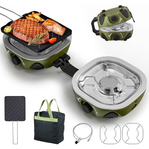 BODEGA 2 Burner Camping Stove,20000 BTU Folding Propane Camp Stove with Pressure Adjustable Burners,Wind-Resistant Dual Gas Stoves with Portable Handle&Bag&GrillPan for Camping,BBQ,RVs,Tailgating - size: With Frying Pan