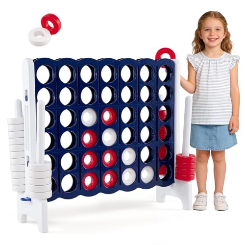 GLACER Giant 4-in-A-Row Game Set, 4-to-Score Game with Quick-Release Slider & 42 Jumbo Rings, 3.5FT Tall Outdoor Yard Games for Family Parties, Kids & Adults - color: Dark Blue+white