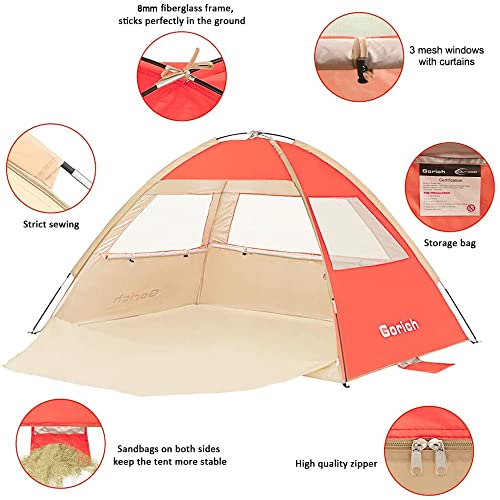 Gorich Beach Tent Sun Shelter for 3/4/6/8/10 Person with UPF 50＋ UV Protection, Lightweight & Easy Setup Beach Shade Canopy, Portable Beach Shade Tent Beach Cabana - color: Orange, size: 3 Person