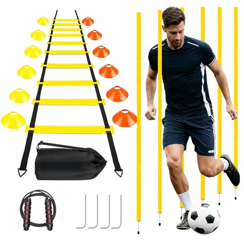 Agility Training Set for Soccer & Football - 20FT Speed Ladder, 12 Cones, and Training Aids for Kids Youth Sports Practice, Footwork Drill Kit - color: Yellow-1