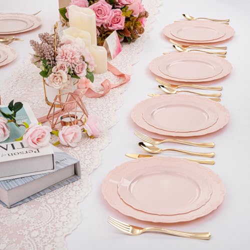 U-QE 100PCS Mauve Pink Plastic Plates - Heavy Duty Pink Disposable Plates for Mothers Day, Party, Baby Shower, Wedding - Serving 50 Guests Include 50PCS 10'' Dinner Plates & 50PCS 7.5'' Dessert Plates - color: Mauve Pink