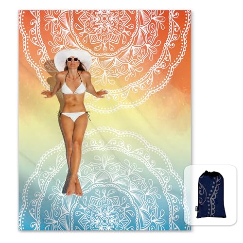 Sunlit Silky Soft Sand Proof Beach Blanket 106"x81" / 85"x72" Sand Proof Mat with Corner Pockets and Mesh Bag for Beach Party, Travel, Camping and Outdoor Music Festival, Mandala - color: Orange Blue, size: 106"x81"