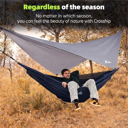 Camping Hammock with Mosquito Net and RainFly Tarp - 2 Person Hammock, Portable Parachute Nylon Hammock for Outdoor, Hiking, Backpacking, Backyard, Travel (Up to 500lbs) - Midnight Blue - color: Midnight Blue