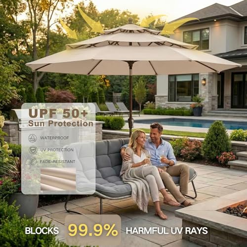 Kingdura 9ft 3-Tier Patio Umbrella, Outdoor Table Umbrella with Easy Crank & Tilt, 8 Reinforced Ribs, UV Protection for Deck, Pool, Market, Backyard (Beige) - color: Beige, size: 9 FT